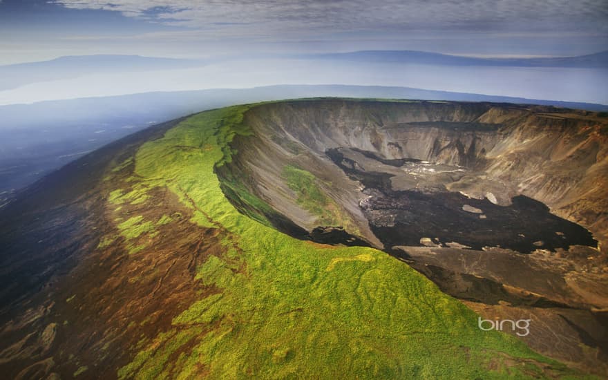 Aerial view of a volcano caldera, Isabela Island, Galápagos Islands, Ecuador