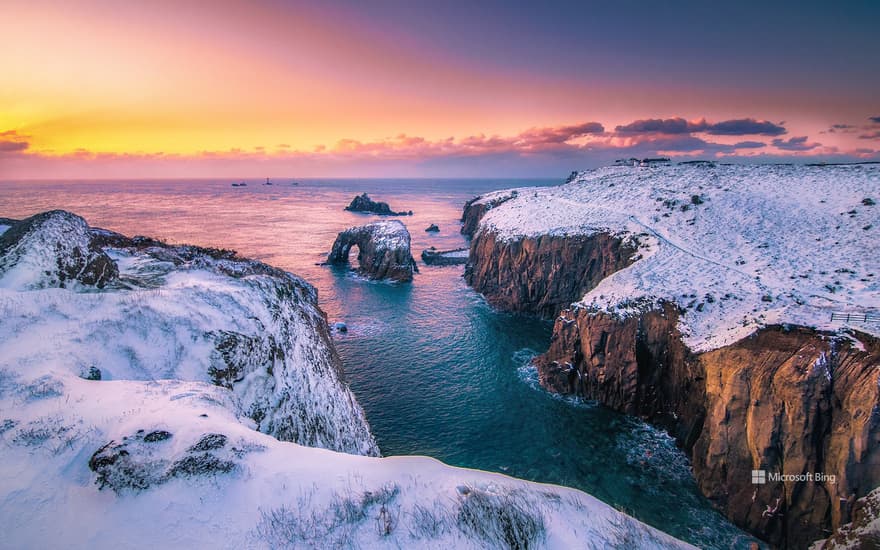 The Cornish Coast Path covered in snow, Land's End, Cornwall, England