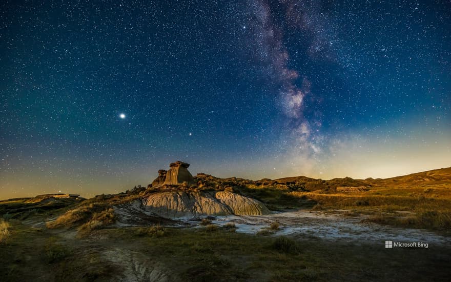 Summer Milky Way over the badlands formations at Dinosaur Provincial Park, Alberta, Canada