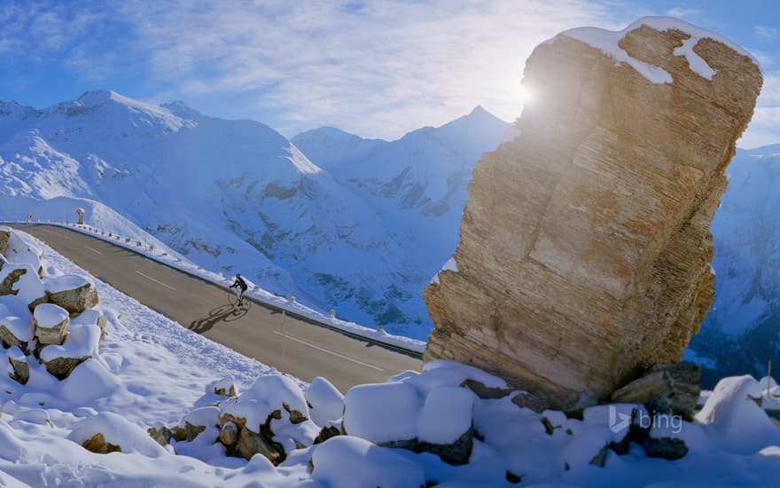 Cyclist on Grossglockner High Alpine Road, Carinthia, Austria