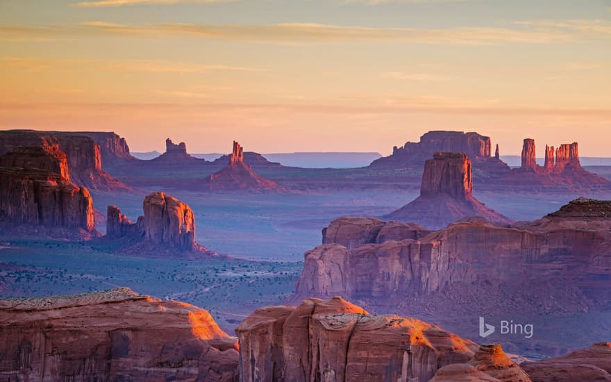 A view of Monument Valley Navajo Tribal Park from Hunts Mesa, Navajo Nation, between Arizona and Utah