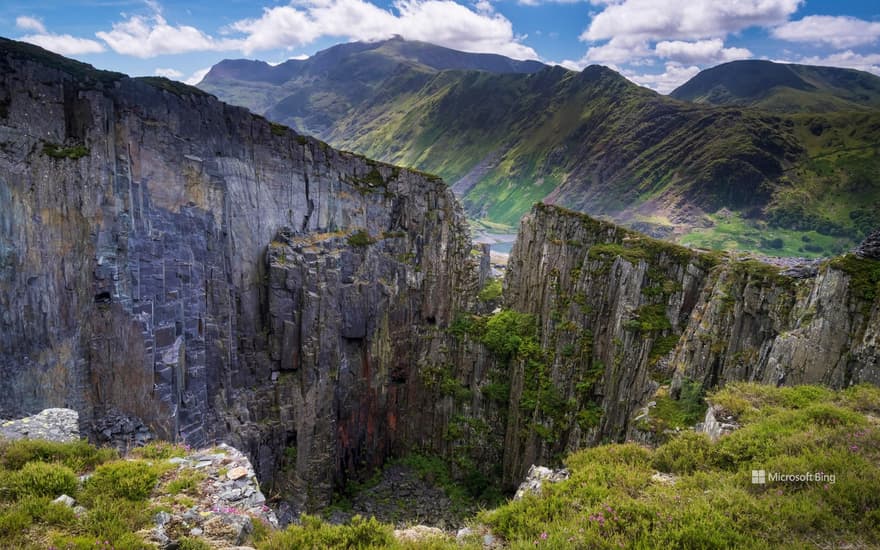 Mount Snowdon and the Llanberis Pass from Dinorwic quarry, Snowdonia National Park, North Wales, UK