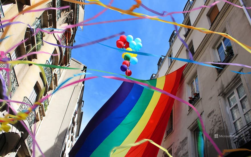 Rainbow flag in a street in the Marais, Paris